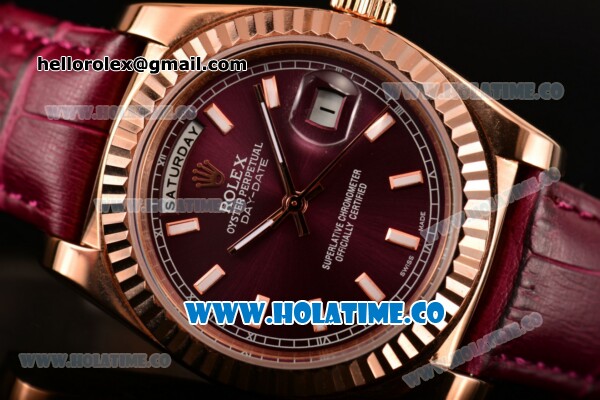 Rolex Day-Date Asia 2813 Automatic Rose Gold Case with Purple Dial Stick Markers and Purple Leather Strap - Click Image to Close