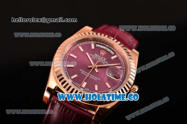 Rolex Day-Date Asia 2813 Automatic Rose Gold Case with Purple Dial Stick Markers and Purple Leather Strap - Click Image to Close