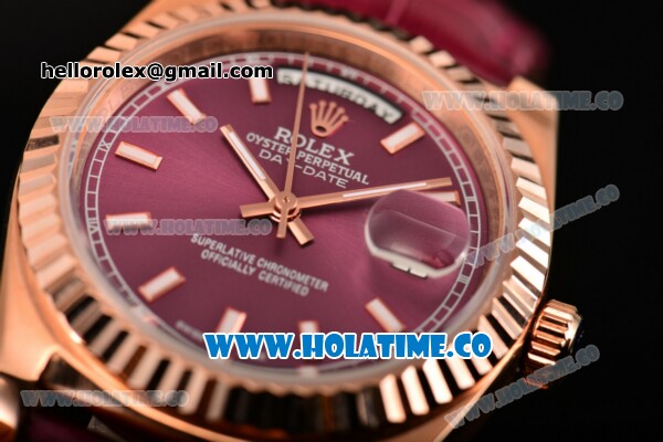 Rolex Day-Date Asia 2813 Automatic Rose Gold Case with Purple Dial Stick Markers and Purple Leather Strap - Click Image to Close