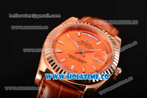 Rolex Day-Date Asia 2813 Automatic Rose Gold Case with Orange Dial Stick Markers and Orange Leather Strap - Click Image to Close
