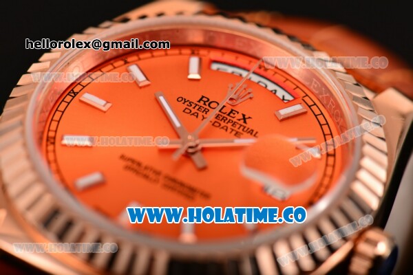 Rolex Day-Date Asia 2813 Automatic Rose Gold Case with Orange Dial Stick Markers and Orange Leather Strap - Click Image to Close