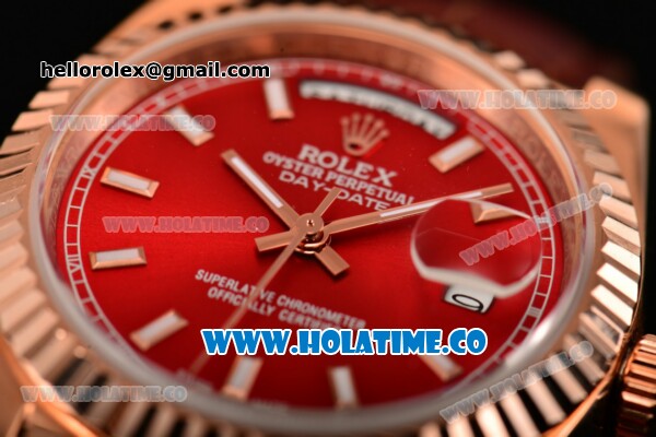 Rolex Day-Date Asia 2813 Automatic Rose Gold Case with Red Dial Stick Markers and Brown Leather Strap - Click Image to Close