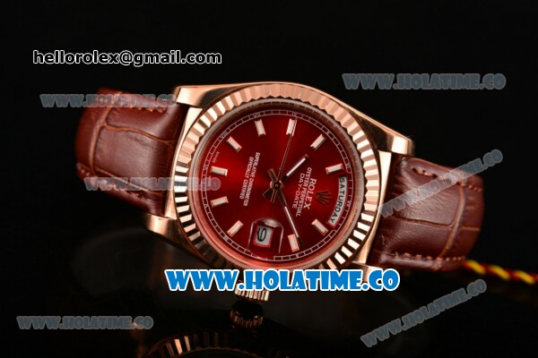 Rolex Day-Date Asia 2813 Automatic Rose Gold Case with Red Dial Stick Markers and Brown Leather Strap - Click Image to Close