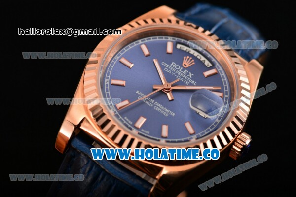 Rolex Day-Date Asia 2813 Automatic Rose Gold Case with Blue Dial Stick Markers and Blue Leather Strap - Click Image to Close