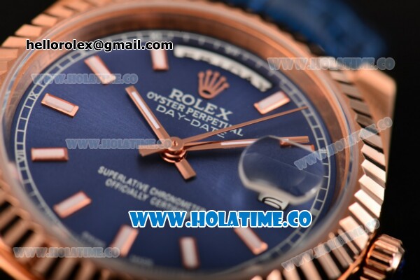 Rolex Day-Date Asia 2813 Automatic Rose Gold Case with Blue Dial Stick Markers and Blue Leather Strap - Click Image to Close