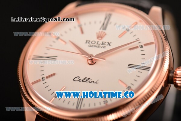 Rolex Cellini Time Asia 2813 Automatic Rose Gold Case with Black Leather Strap and White Dial (BP) - Click Image to Close