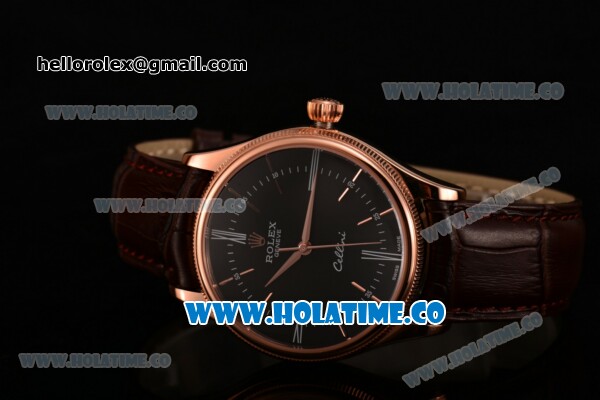 Rolex Cellini Time Asia 2813 Automatic Rose Gold Case with Brown Leather Strap Stick Markers and Black Dial (BP) - Click Image to Close
