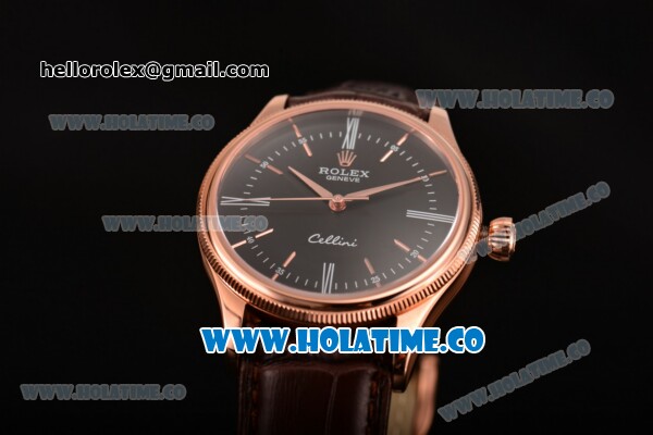 Rolex Cellini Time Asia 2813 Automatic Rose Gold Case with Brown Leather Strap Stick Markers and Black Dial (BP) - Click Image to Close