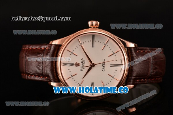 Rolex Cellini Time Asia 2813 Automatic Rose Gold Case with Brown Leather Strap Stick Markers and White Dial (BP) - Click Image to Close