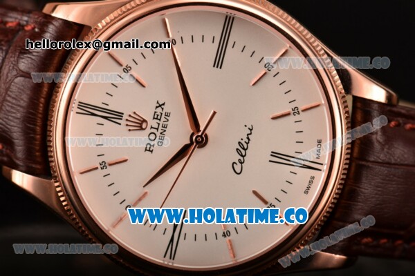 Rolex Cellini Time Asia 2813 Automatic Rose Gold Case with Brown Leather Strap Stick Markers and White Dial (BP) - Click Image to Close