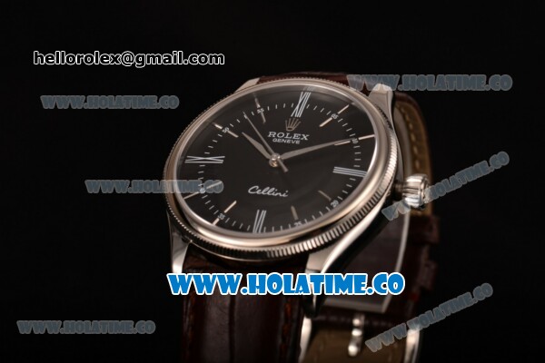 Rolex Cellini Time Asia 2813 Automatic Steel Case with Brown Leather Strap Stick Markers and Black Dial (BP) - Click Image to Close