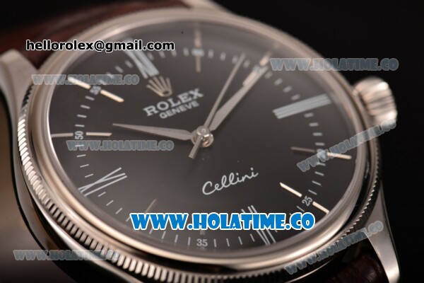 Rolex Cellini Time Asia 2813 Automatic Steel Case with Brown Leather Strap Stick Markers and Black Dial (BP) - Click Image to Close