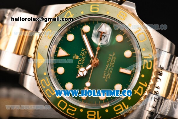 Rolex GMT-Master II Oyster Perpetual Automatic Two Tone with Green Bezel, Green Dial and White Round Bearl Marking-Small Calendar - Click Image to Close