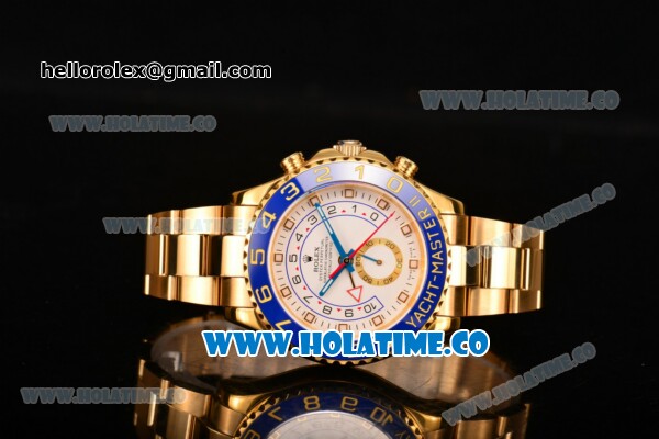 Rolex Yachtmaster II Chrono Swiss Valjoux 7750 Automatic Full Yellow Gold with White Dial Blue Bezel and Dot Markers (BP) - Click Image to Close