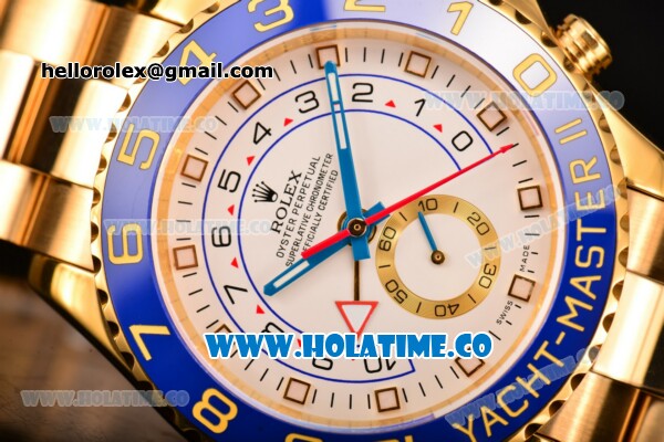 Rolex Yachtmaster II Chrono Swiss Valjoux 7750 Automatic Full Yellow Gold with White Dial Blue Bezel and Dot Markers (BP) - Click Image to Close