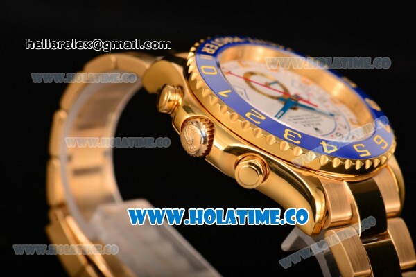 Rolex Yachtmaster II Chrono Swiss Valjoux 7750 Automatic Full Yellow Gold with White Dial Blue Bezel and Dot Markers (BP) - Click Image to Close