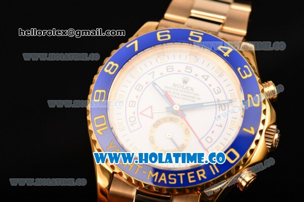 Rolex Yachtmaster II Chrono Swiss Valjoux 7750 Automatic Full Yellow Gold with White Dial Blue Bezel and Dot Markers (BP) - Click Image to Close