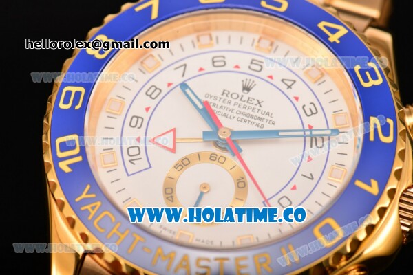 Rolex Yachtmaster II Chrono Swiss Valjoux 7750 Automatic Full Yellow Gold with White Dial Blue Bezel and Dot Markers (BP) - Click Image to Close