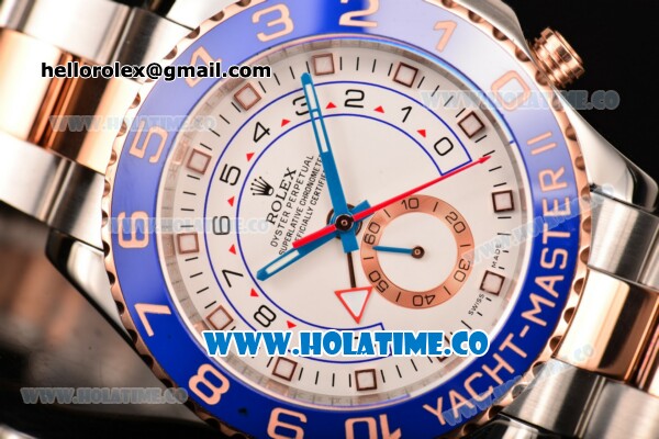 Rolex Yachtmaster II Chrono Swiss Valjoux 7750 Automatic Rose Gold/Steel Case with White Dial Blue Bezel and Dot Markers (BP) - Click Image to Close