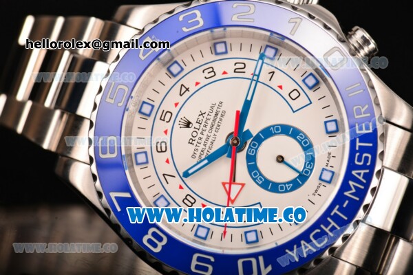 Rolex Yachtmaster II Chrono Swiss Valjoux 7750 Automatic Steel Case with White Dial Blue Bezel and Dot Markers (BP) - Click Image to Close