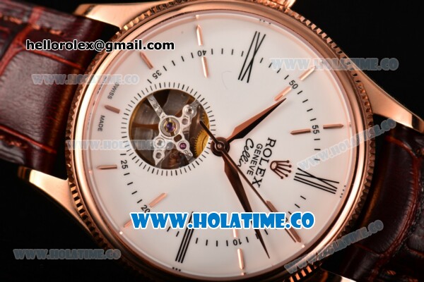 Rolex Cellini Tourbillon Swiss ETA 2824 Automatic Rose Gold Case with Roman Numreal/Stick Markers Brown Leather Strap and White Dial - Click Image to Close