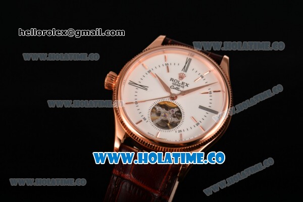 Rolex Cellini Tourbillon Swiss ETA 2824 Automatic Rose Gold Case with Roman Numreal/Stick Markers Brown Leather Strap and White Dial - Click Image to Close