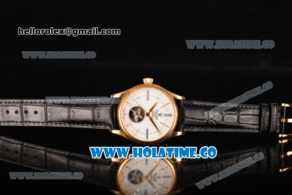 Rolex Cellini Tourbillon Swiss ETA 2824 Automatic Yellow Gold Case with Roman Numreal/Stick Markers Black Leather Strap and White Dial - Click Image to Close