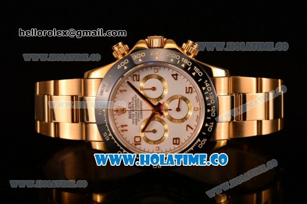 Rolex Daytona Chrono Swiss Valjoux 7750 Automatic Yellow Gold Case/Bracelet with Ceramic Bezel White Dial and Arabic Numeral Markers (BP) - Click Image to Close