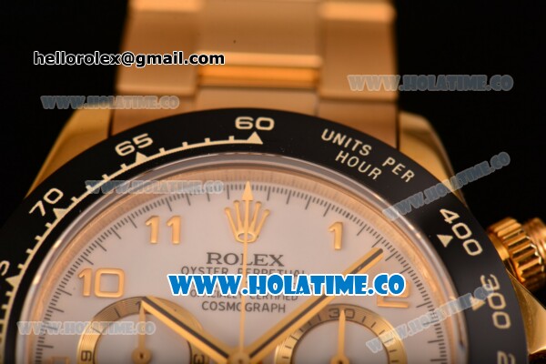 Rolex Daytona Chrono Swiss Valjoux 7750 Automatic Yellow Gold Case/Bracelet with Ceramic Bezel White Dial and Arabic Numeral Markers (BP) - Click Image to Close