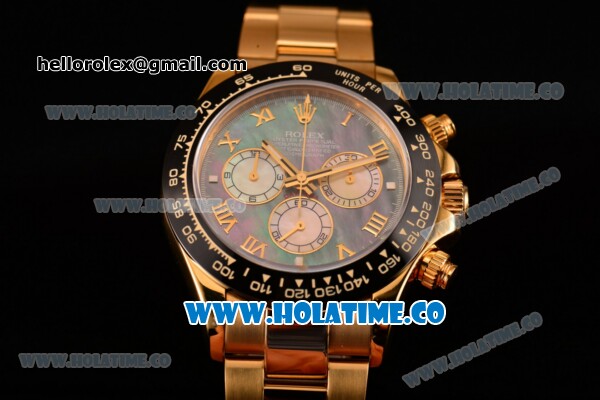 Rolex Daytona Chrono Swiss Valjoux 7750 Automatic Yellow Gold Case/Bracelet with Ceramic Bezel Black MOP Dial and Roman Numeral Markers (BP) - Click Image to Close