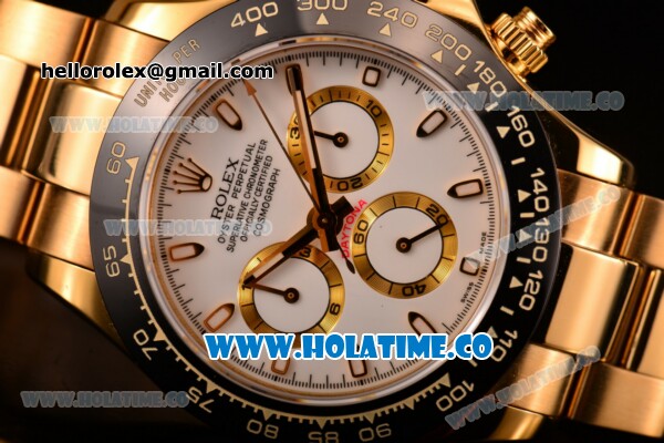 Rolex Daytona Chrono Swiss Valjoux 7750 Automatic Yellow Gold Case/Bracelet with White Dial Ceramic Bezel and Stick Markers (BP) - Click Image to Close