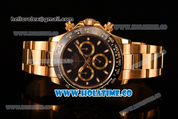 Rolex Daytona Chrono Swiss Valjoux 7750 Automatic Yellow Gold Case/Bracelet with Black Dial Ceramic Bezel and Stick Markers (BP) - Click Image to Close