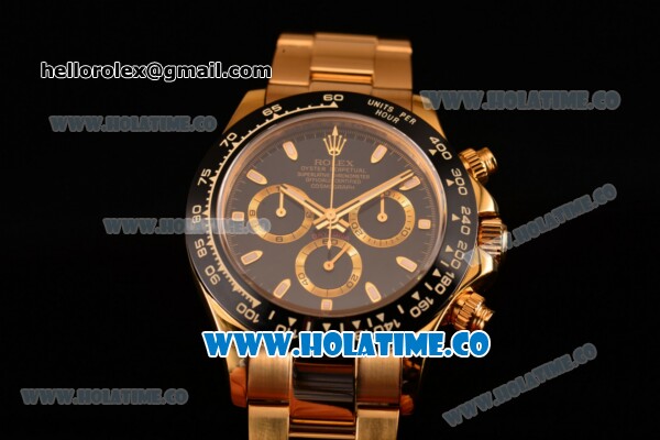 Rolex Daytona Chrono Swiss Valjoux 7750 Automatic Yellow Gold Case/Bracelet with Black Dial Ceramic Bezel and Stick Markers (BP) - Click Image to Close