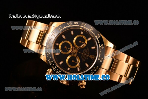 Rolex Daytona Chrono Swiss Valjoux 7750 Automatic Yellow Gold Case/Bracelet with Black Dial Ceramic Bezel and Stick Markers (BP) - Click Image to Close