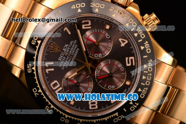 Rolex Daytona Chrono Swiss Valjoux 7750 Automatic Yellow Gold Case/Bracelet with Brown Dial Ceramic Bezel and Arabic Numeral Markers (BP) - Click Image to Close