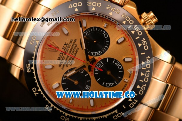 Rolex Daytona Chrono Swiss Valjoux 7750 Automatic Yellow Gold Case/Bracelet with Gold Dial Ceramic Bezel and Stick Markers (BP) - Click Image to Close