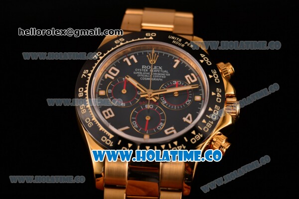 Rolex Daytona Chrono Swiss Valjoux 7750 Automatic Yellow Gold Case/Bracelet with Black Dial Ceramic Bezel and Arabic Numeral Markers (BP) - Click Image to Close