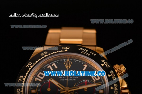 Rolex Daytona Chrono Swiss Valjoux 7750 Automatic Yellow Gold Case/Bracelet with Black Dial Ceramic Bezel and Arabic Numeral Markers (BP) - Click Image to Close