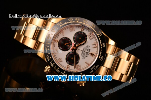 Rolex Daytona Chrono Swiss Valjoux 7750 Automatic Yellow Gold Case/Bracelet with Arabic Numeral Markers Ceramic Bezel and White Dial (BP) - Click Image to Close