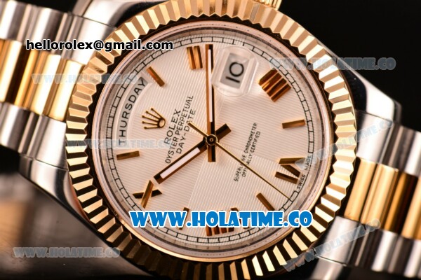 Rolex Day-Date II Asia 2813 Automatic Two Tone Case/Bracelet with White Dial and Gold Roman Numeral Markers - Click Image to Close