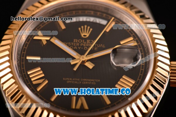 Rolex Day-Date II Asia 2813 Automatic Two Tone Case/Bracelet with Black Dial and Gold Roman Numeral Markers - Click Image to Close