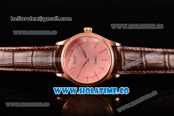 Rolex Cellini Asia 2813 Automatic Rose Gold Case with Pink Dial Brown Leather Strap and Stick Markers (BP) - Click Image to Close