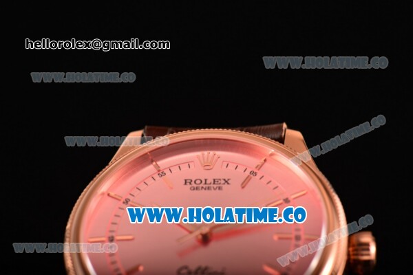 Rolex Cellini Asia 2813 Automatic Rose Gold Case with Pink Dial Brown Leather Strap and Stick Markers (BP) - Click Image to Close