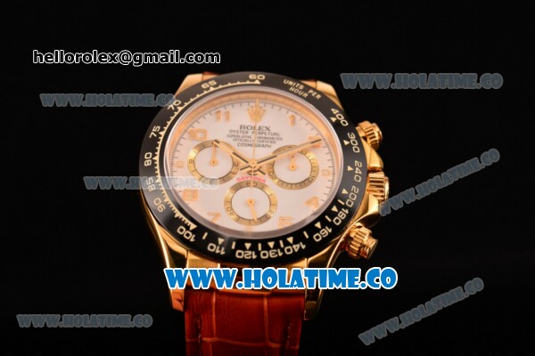 Rolex Daytona Chrono Swiss Valjoux 7750 Automatic Yellow Gold Case with Ceramic Bezel Arabic Numeral Markers and White Dial (BP) - Click Image to Close