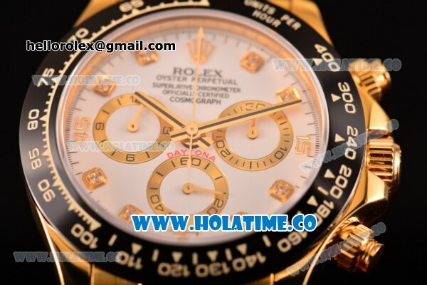 Rolex Daytona Chrono Swiss Valjoux 7750 Automatic Yellow Gold Case with Ceramic Bezel Diamonds Markers and White Dial (BP) - Click Image to Close