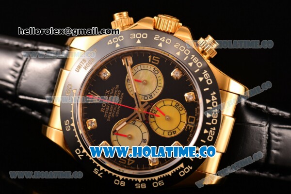 Rolex Daytona Chrono Swiss Valjoux 7750 Automatic Yellow Gold Case with Ceramic Bezel Diamonds Markers and Black Dial (BP) - Click Image to Close