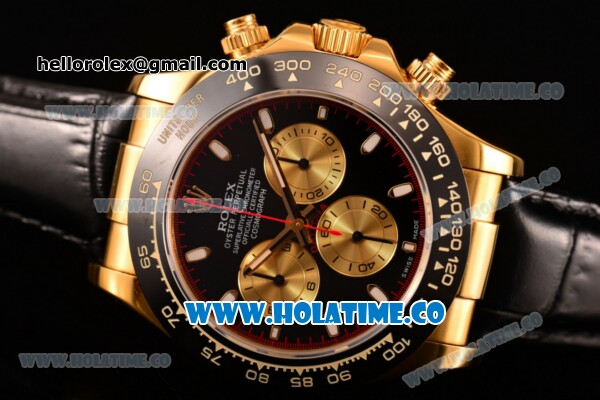 Rolex Daytona Chrono Swiss Valjoux 7750 Automatic Yellow Gold Case with Ceramic Bezel White Stick Markers and Black Dial (BP) - Click Image to Close