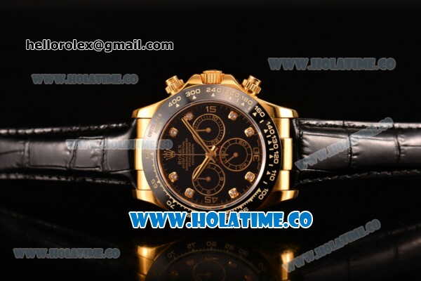 Rolex Daytona Chrono Swiss Valjoux 7750 Automatic Yellow Gold Case with Ceramic Bezel Black Dial and Black Leather Strap -Diamonds Markers (BP) - Click Image to Close