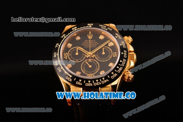 Rolex Daytona Chrono Swiss Valjoux 7750 Automatic Yellow Gold Case with Ceramic Bezel Black Dial and Black Leather Strap -Diamonds Markers (BP) - Click Image to Close