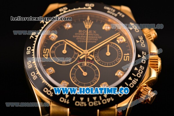 Rolex Daytona Chrono Swiss Valjoux 7750 Automatic Yellow Gold Case with Ceramic Bezel Black Dial and Black Leather Strap -Diamonds Markers (BP) - Click Image to Close